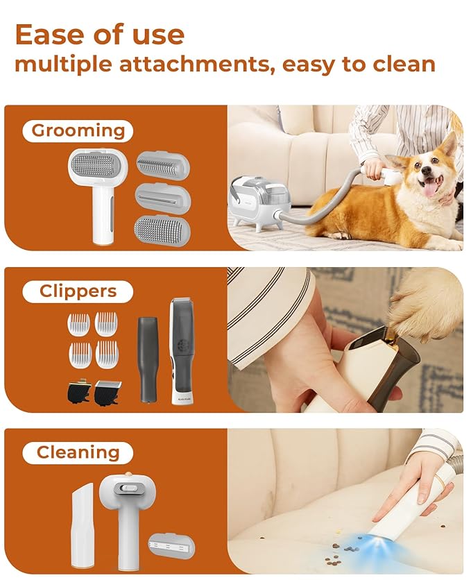 8 in 1 Pet Grooming Kit: Powerful Suction Vacuum for Dogs, 2L Large Capacity Shedding Hair Groomer with Brush, Grey