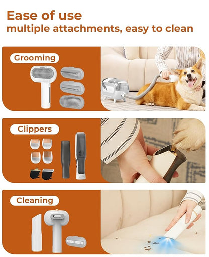 8 in 1 Pet Grooming Kit: Powerful Suction Vacuum for Dogs, 2L Large Capacity Shedding Hair Groomer with Brush, Grey