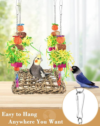 ERKOON Conure Toys, Bird Cockatiel Toys Foraging Swing Mat Parrot Climbing Hammock Wall with Colorful Toys for Birds Shredding Seagrass, Birds Cage Toy Accessories