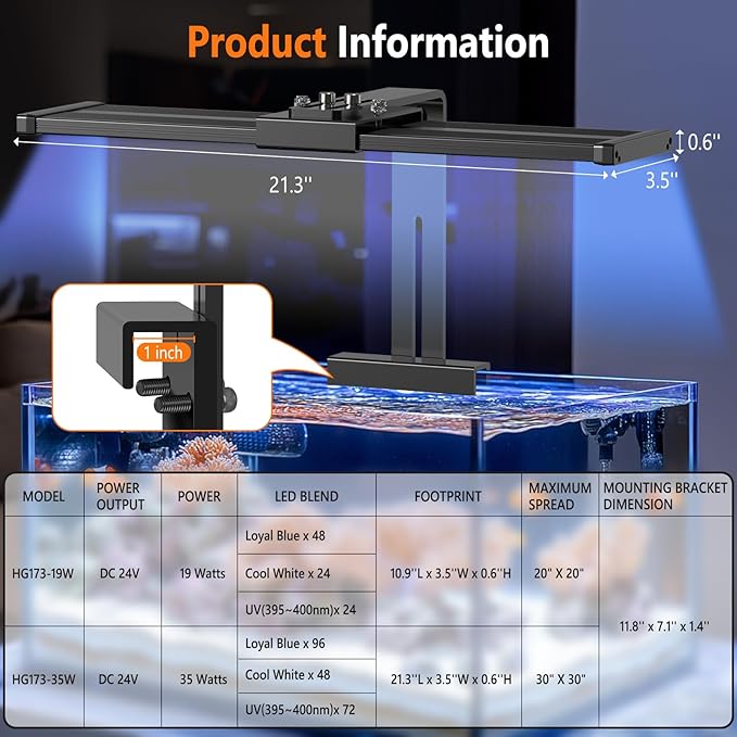 hygger LED Saltwater Aquarium Light, 24/7 Mode Nano Tank Reef Light for Coral, Refugium Light with White, Blue, U-V LEDs Dimmer Timer Moonlight Mounting Bracket 2 Metal Legs 21'' Long 35W