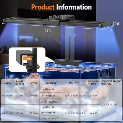 hygger LED Saltwater Aquarium Light, 24/7 Mode Nano Tank Reef Light for Coral, Refugium Light with White, Blue, U-V LEDs Dimmer Timer Moonlight Mounting Bracket 2 Metal Legs 21'' Long 35W