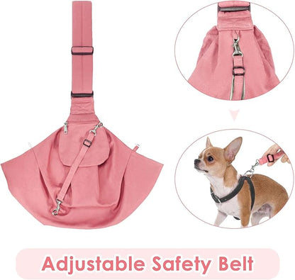 Dog Padded Papoose Sling, Small Pet Sling Carrier Hands Free Carry Adjustable Shoulder Strap Reversible Tote Bag with a Pocket Safety Belt Dog Cat Traveling Subway (5-12lbs, Pink)