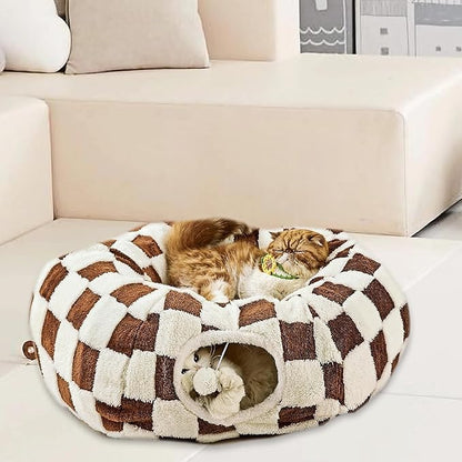 Cat Tunnel Bed with Washable Cushion for Indoor Cat, Donut Cave Tube Toys for Kitten Puppy Rabbit, Brown