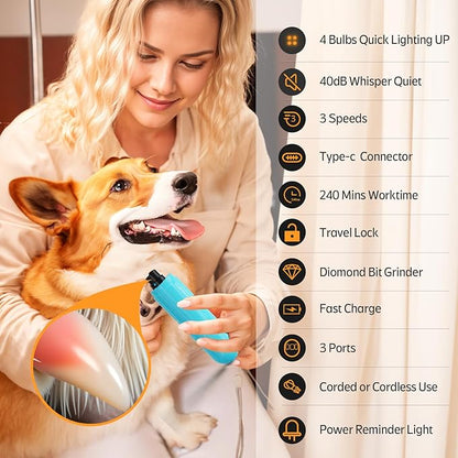 YABIFE 4-Lights Dog Nail Grinder, Easy Quick Locate Dog Nail Trimmers, for Puppy Paw Toenails or Pets from Small, Medium to Large, with Travel Lock, Whisper Quiet, Heavy Duty 3 Speeds