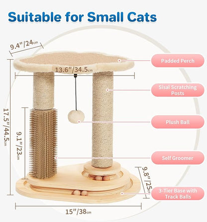Made4Pets Cat Scratching Post, Cat Self Groomer for Indoor Cats, Cloud Soft Perch for Rest, 17.5" Tall Natural Sisal Scratcher Cat Grooming Interactive Ball Track Toys for Small Cats Kittens