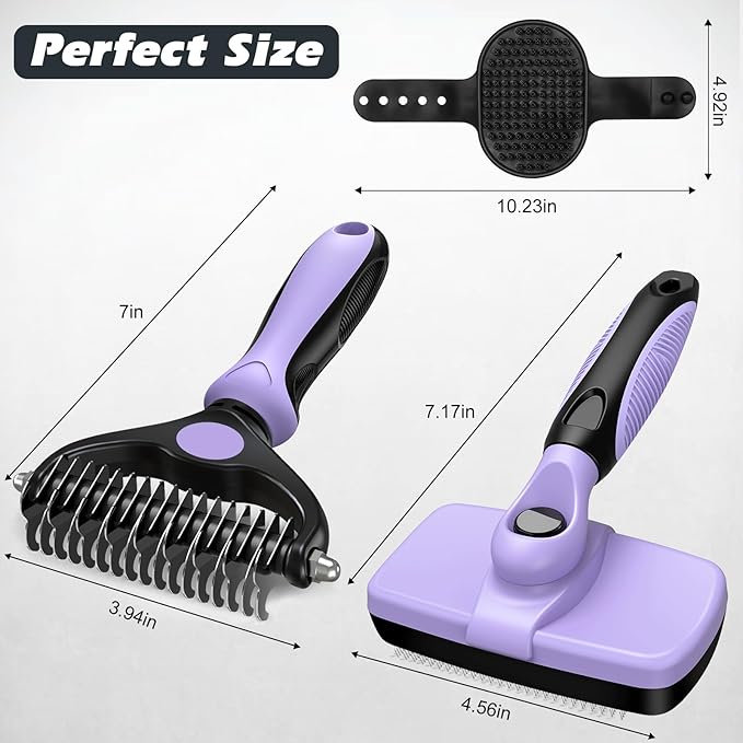 3PCS Self Cleaning Slicker Brush & Pet Grooming Rake & Bath Brush for Dogs,Cats and Horses | Double-Sided Dematting Comb & Skin Friendly Deshedding Grooming Tool | Pet Supplies(Light Purple Black)