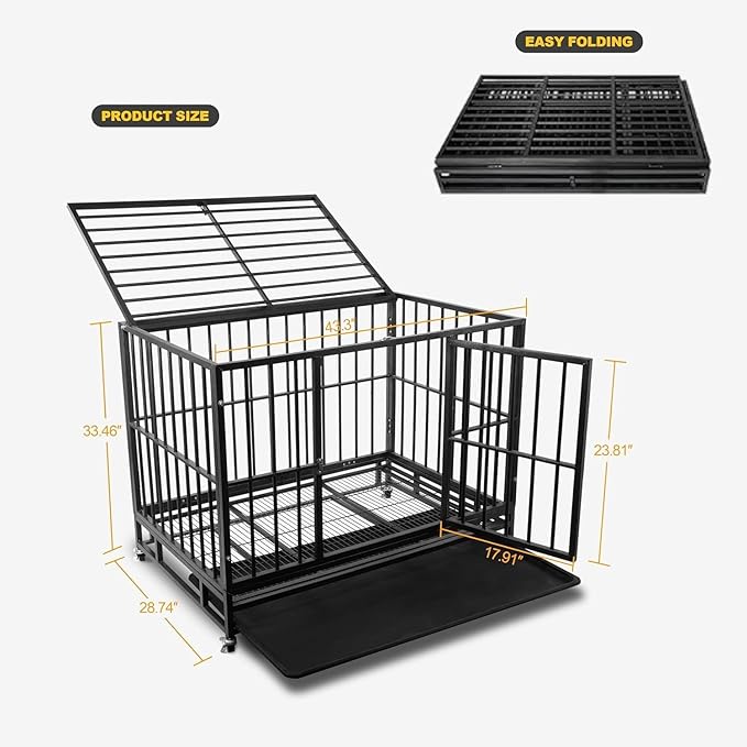 42 Inch Heavy Duty Dog Crate with Secure Locking System, Escape-Proof Dog Cage Kennel for Medium to Large Dogs, Indestructible Chew-Resistant Design, Dual Doors & Easy-Clean Removable Tray