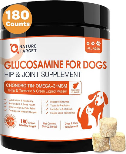 NATURE TARGET Glucosamine for Dogs - Hip and Joint Supplement for Dogs, 180 Crunchy Chews, Glucosamine Chondroitin, Omega-3, MSM, Turmeric for Pain Relief, Dog Joint Supplement Large & Small Breed