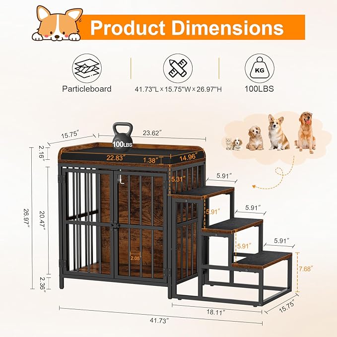 Snughome Dog Crate Furniture with Stairs, 41.73‘’ Wooden Dog Kennel Indoor with Double Doors, Furniture Style Dog Crate with Cushion for Dogs, Heavy Duty Dog Cage for Small/Medium Dogs, Rustic Brown