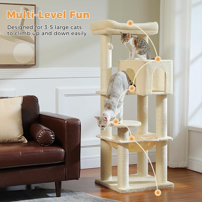 PETEPELA Cat Tree for Large Cats up to 30 lbs, 58" Heavy Duty Cat Tower with Reinforced Scratching Posts[ φ3.9”], Large Hammock, Spacious Condo & Top Perch, Sturdy Cat Furniture for Maine Coons, Beige