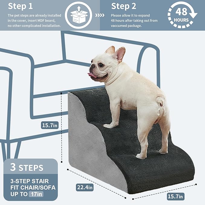 BOMOVA Dog Stairs to Bed, 3-Step Dog Steps for High Bed and Couch, Dog Stairs for Small Dogs, Non-Slip Bottom Pet Stairs, Pet Steps Indoor, Grey, 2/3/4/5 Steps
