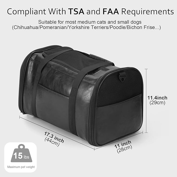 Fashion Leather Dog Carrier Cat Carrier Airline Approved Pet Carrier for Small Medium Dogs Cats Under 15Lbs, Collapsible Soft Sided Travel Puppy Carrier