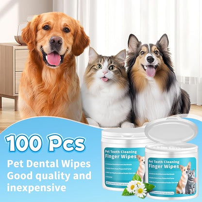 Dog Teeth Cleaning Wipes, 100Pcs Gentle Pet Dental Finger Wipes for Dogs Cats, Freshens Breath, Reduce Plaque, Portable Disposable Dental Wipes for Dogs Teeth Pet Dental Care Finger Wipes