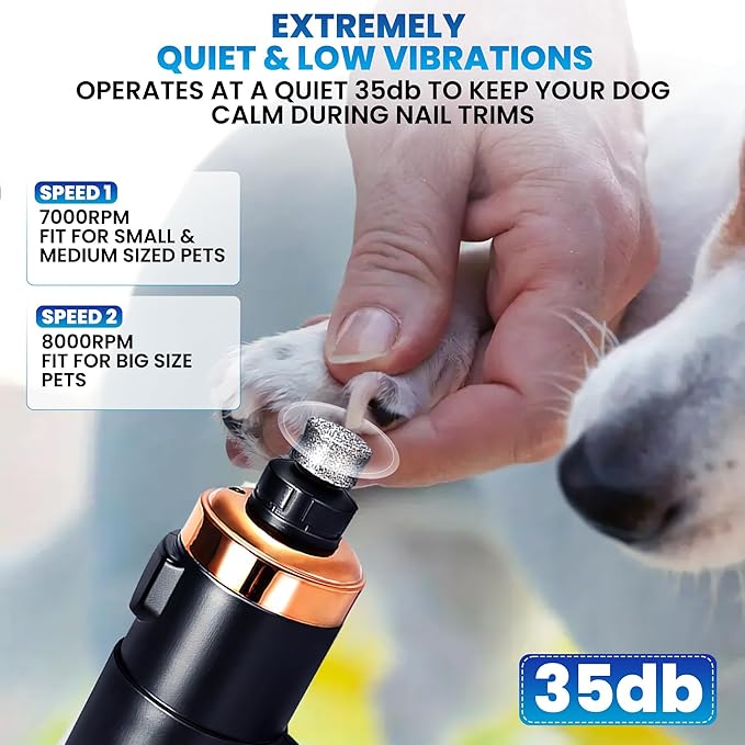 Dog Nail Grinder with LED Light, Extremely Quiet Electric Pet Nail Trimmer, 2-Speed, Rechargeable Lithium Ion Battery, Small Medium Large Dogs & Cats Nail & Claw Grooming Nail Filer