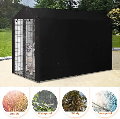 Dog Kennel Cover Large Shade Outdoor Playpen Cover Fully Enclosed Outside Waterproof Dog Crate Cover with Anti-UV Mesh Window and Clear Pannel for Viewing (Cover only Patent Design)