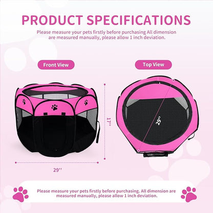 Dog playpen, Foldable Puppy Playpen, Pet Playpen Carrier Pop Up Tent 8-Panel Mesh Cover Adorable Design 600D Soft Oxford Playpen Kennel for Indoor-Outdoor Dog Cat Rabbit. (M 35" 35" 24", Rose)