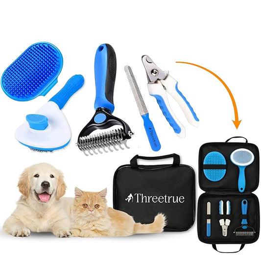 Complete Dog Brush set, 5-in-1 Grooming kit with Slicker Brush, Rubber Massage Brush, Nail Clipper, File, and Undercoat Rake.