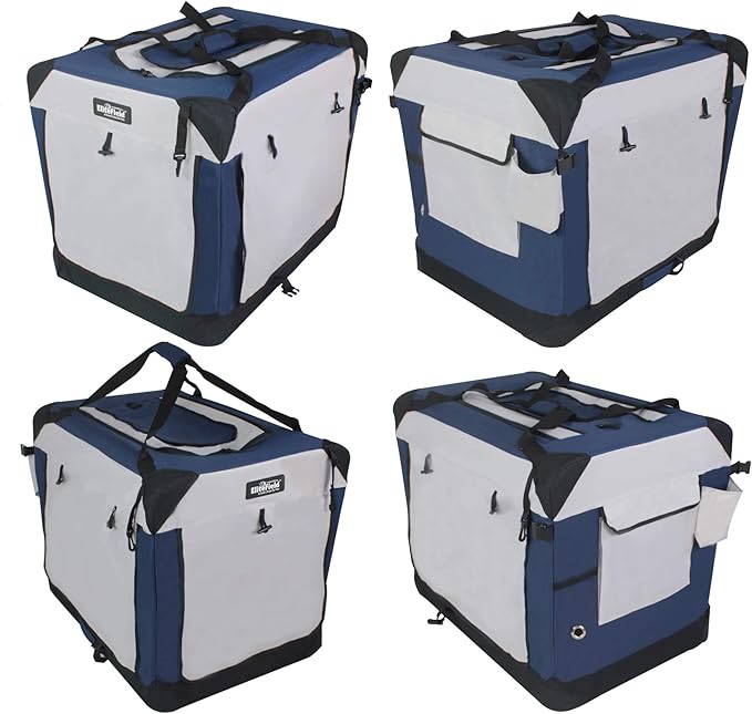 EliteField 4-Door Folding Soft Dog Crate with Curtains, Carrying Bag and Fleece Bed (2 Year Warranty), Indoor & Outdoor Pet Home (30" L x 21" W x 24" H, Navy Blue+Gray)