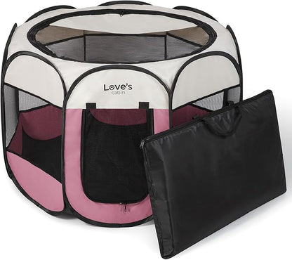 Love's cabin Pet Puppy Dog Playpen, Small Dog Tent Crates Cage Indoor/Outdoor, Portable Playpen for Cat, Foldable Pop Up Dog Kennel Playpen with Carring Case, Removable Zipper Top, Pink