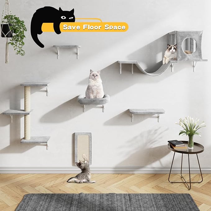 NUNU LAB Cat Wall Shelves, 6 Pcs Luxury Wall-Mounted Cat Climber Set, Indoor Cat Furniture with 1 Condos House, 2 Cat Wall Shelves, 1 Scratching, 1 Bridge Ladder, 1 Scratching Pad, Gray