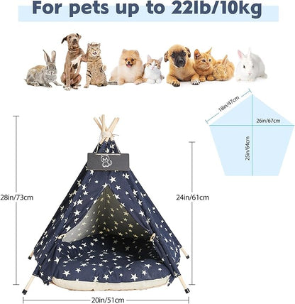 Pet Teepee Tents, 24 Inch Portable Indoor Dog Teepee Bed with Thick Cushion, Washable Navy Blue Stars Pattern Teepee Tent House for Puppy & Cat
