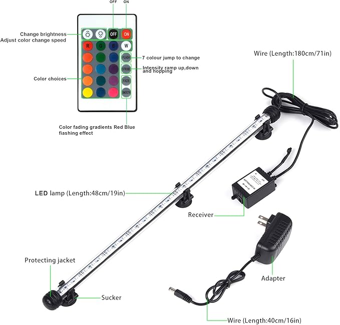 Fish Tank Lights, LED Underwater Aquarium Light, RGB Submersible Aquarium Lights, Waterproof Color Changing Tank Lights Dim Adjustable Remote Control 19 inch