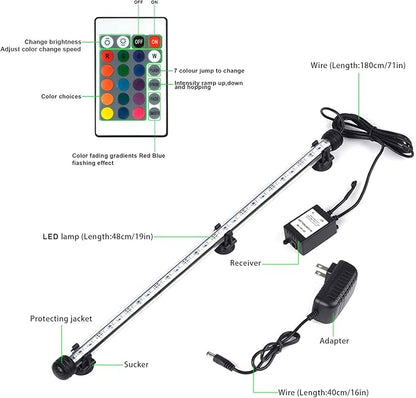 Fish Tank Lights, LED Underwater Aquarium Light, RGB Submersible Aquarium Lights, Waterproof Color Changing Tank Lights Dim Adjustable Remote Control 19 inch