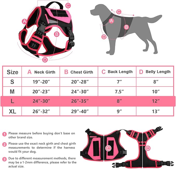 WINGOIN Tactical Dog Harness for Large Dogs, No Pull Harness with Handle Pockets Poop Bag, Reflective Dog Vest, Military Service Heavy Duty Big Dog Harness for Walking Hiking Training, Black Pink, L
