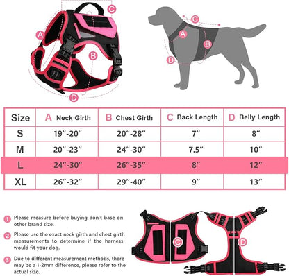 WINGOIN Tactical Dog Harness for Large Dogs, No Pull Harness with Handle Pockets Poop Bag, Reflective Dog Vest, Military Service Heavy Duty Big Dog Harness for Walking Hiking Training, Black Pink, L