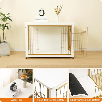 DWANTON Dog Crate Furniture with Cushion, Wooden Dog Crate Table, Double Doors Dog Furniture, Indoor Dog Kennel, Dog House, Dog Cage Large, 38.5" L, White