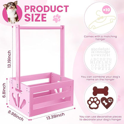 20" x 13" x 9" Wooden Pet Wardrobe Closet Crate Box with Hanging Rods and Personalized Pet Alphabet Letters Easy Assembly Baskets for Dog Cat Toys Clothes Accessories(Pink)