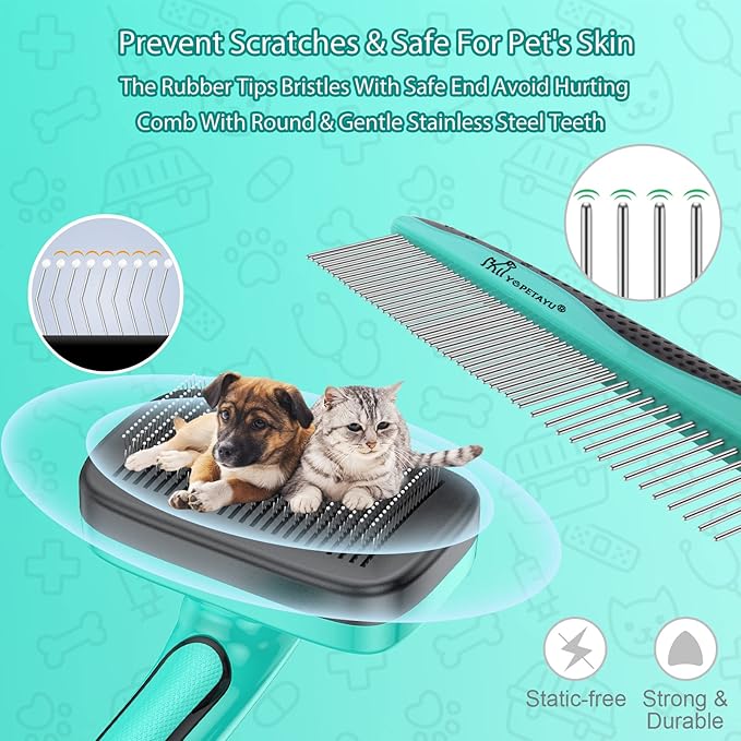 Dog Brush for Shedding, Self-Cleaning Slicker Brush, Short & Long Haired Pets, Removes Mats, Tangles, Loose Fur, Gentle on Skin, Ideal for Small, Medium, Large Dogs, Pet Comb, Aqua Green