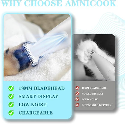 Dog Paw Trimmer,Upgraded Grooming Kit with LED Display,LED Light,Type-C Rechargeable,Cordless Feature,Low Noise Clipper for Dog and Other Pet's Hair Around Paw,Face,Eyes,Ears and Rump
