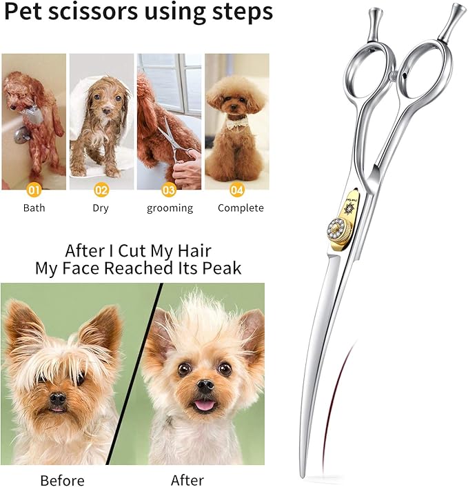 Dream Reach Professional Dog Grooming Straight, Curved, Thinning/Blending/Chunking Scissors Kit, JP-440C Stainless Steel Pet Cat Hair Cutting/Trimming Shears (7 inch-Curved Scissors)