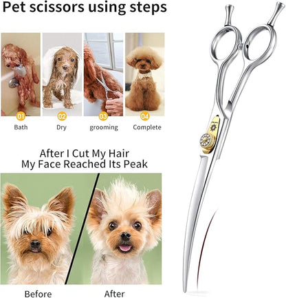 Dream Reach Professional Dog Grooming Straight, Curved, Thinning/Blending/Chunking Scissors Kit, JP-440C Stainless Steel Pet Cat Hair Cutting/Trimming Shears (7 inch-Curved Scissors)
