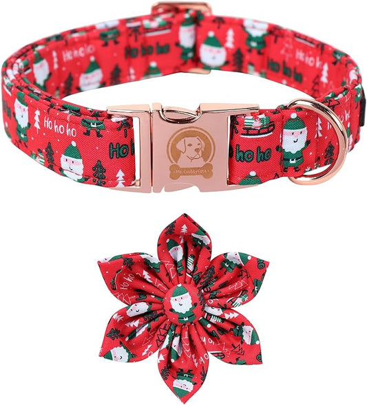 MR. CHUBBYFACE Christmas Santa Dog Collar with Flower, Red and Green Cotton Dog Collars,Adjustable Christmas Dog Collars with Bowtie for Puppy Small Medium Large Dogs
