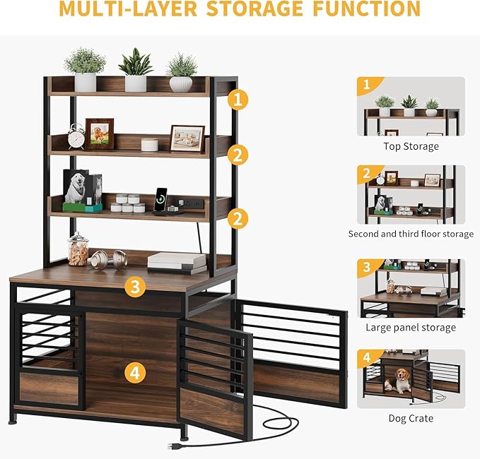 DWVO Dog Crate Furniture with Storage Shelves, Heavy Duty Dog Crate with Charging Station, 39 Inch Dog Kennel Indoor Furniture for Large Dogs, Modern Decorative Dog Crate with Double Doors, Brown