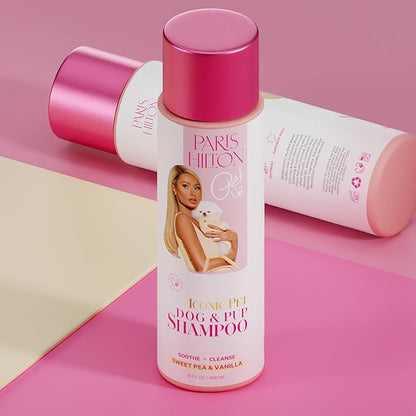 Paris Hilton Dog Shampoo - Sweet Pea & Vanilla Fresh Scent, Sulfate-Free Vegan & Hypoallergenic for All Dog Breeds, with Oatmeal & Aloe for Healthy Coats, Reduced Shed & Show-Ready Grooming 16oz/480ml