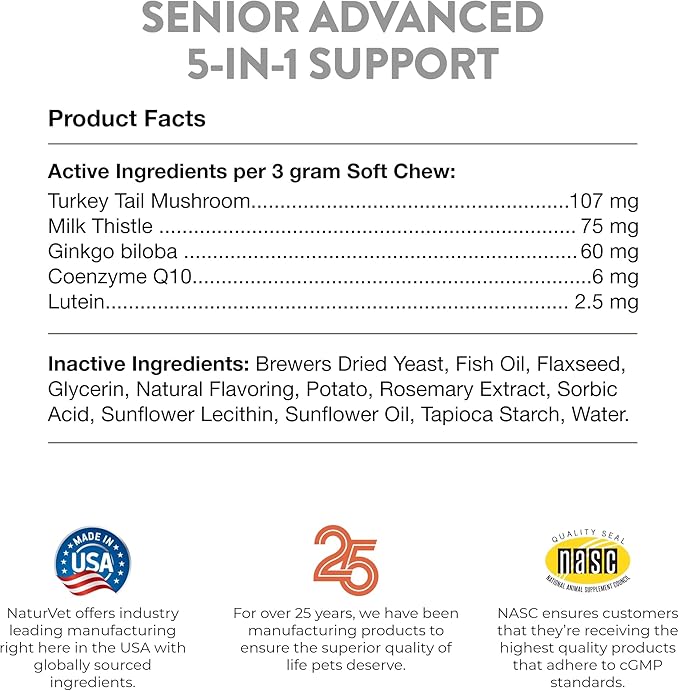 NaturVet Senior Advanced 5-in-1 Support Dog Supplement – Helps Support Immune System, Heart, Liver, Cognitive Function, Eye Health – Includes Ginkgo Biloba, Lutein – 60 Ct.