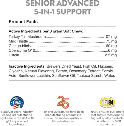 NaturVet Senior Advanced 5-in-1 Support Dog Supplement – Helps Support Immune System, Heart, Liver, Cognitive Function, Eye Health – Includes Ginkgo Biloba, Lutein – 60 Ct.