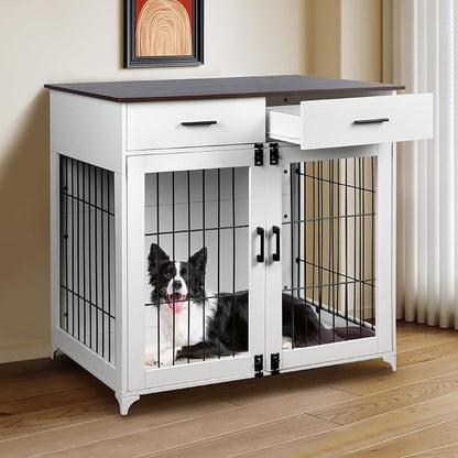 Snowtaros Dog Crate Furniture, 36.6 Inch Large Dog Crate with Drawers, Wooden Dog Kennel Indoor for Small Medium Large Dogs, Heavy Duty Dog Crate End Table with Double Doors