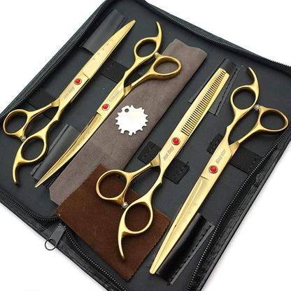 7.0in Titanium Gold Professional Pet Grooming Scissors Set,Straight & Thinning & Curved Scissors 4pcs Set for Dog Grooming,(Gold)