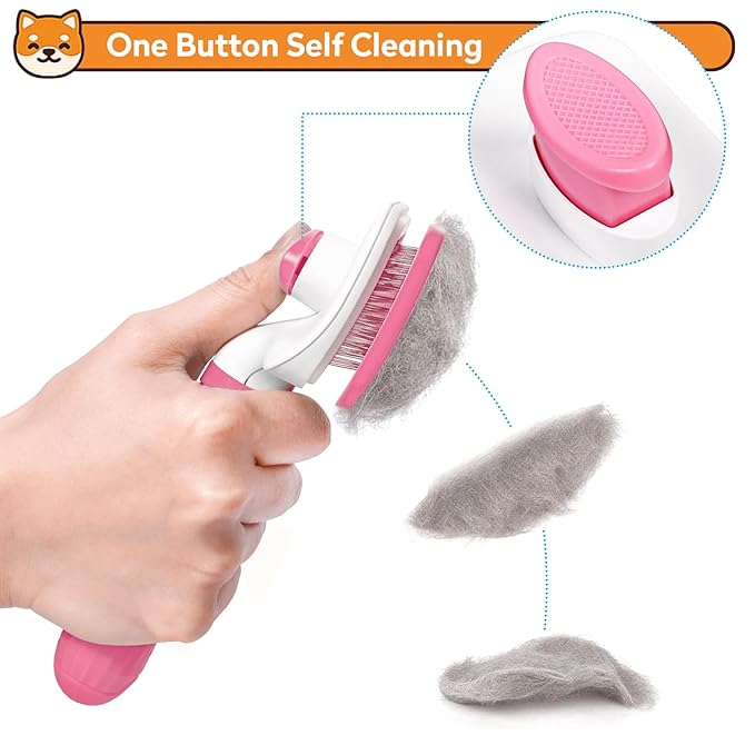 Dog & Cat Brush, Self Cleaning Slicker Brush for Pets, Upgraded Dog Brush for Shedding Massaging and Grooming, Removes Loose Undercoat & Portable Comb for Long Short Haired Dogs(Pink)