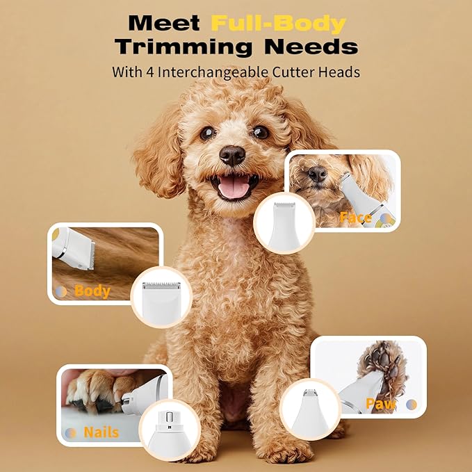 Dog Clippers Grooming Kit with 4 in 1 Tools, Cordless Dog Paw Trimmer & IPX7 Waterproof & Dogs Nail Grinder, Low Noise Quiet Design with Silicone Grip for Dogs and Cats