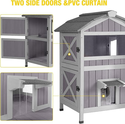Aivituvin Outdoor Cat House Insulated Two Story Feral Cat Shelter Weatherproof Cat Enclosure for Winter with Escape Doors