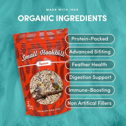 Mycelium Small Hookbill Food | Organic Bird Seed for Conures, Cockatiels, Lovebirds | Premium Mix with Pumpkin Seed, Buckwheat, Oat Groats, & Hemp | Supports Feather & Bone Health | Non-GMO 5 lb Bag