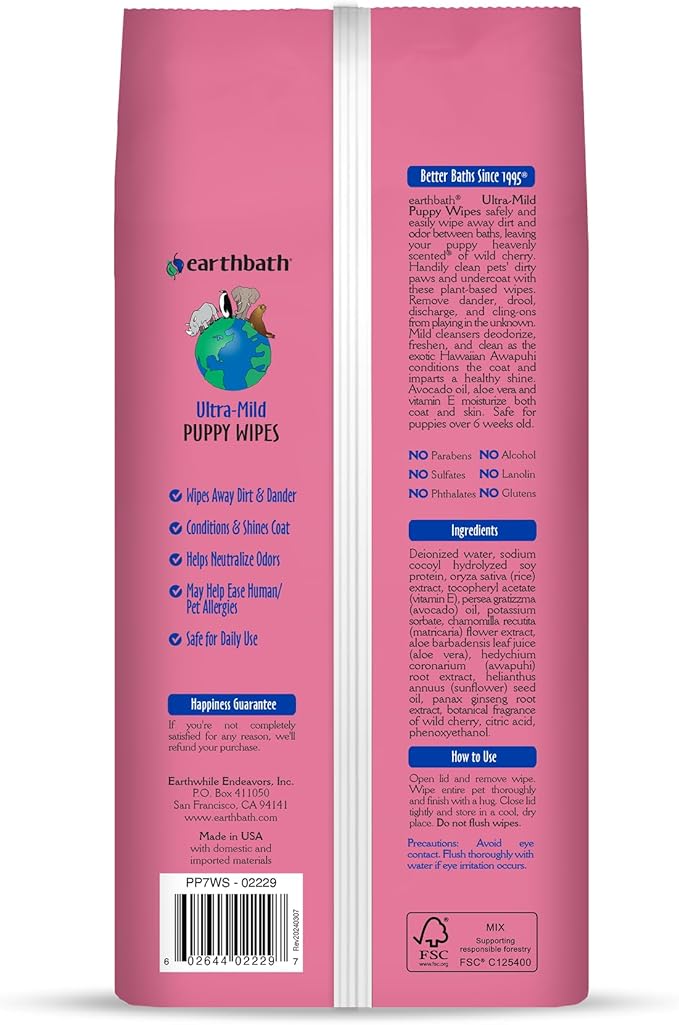 earthbath, Ultra-Mild Wild Cherry Puppy Wipes - Dog Wipes for Paws and Butt, Best Pet Wipes for Dogs & Puppies, Made in USA, Cruelty-Free Dog Cleaning Wipes - 100 Count (1 Pack)
