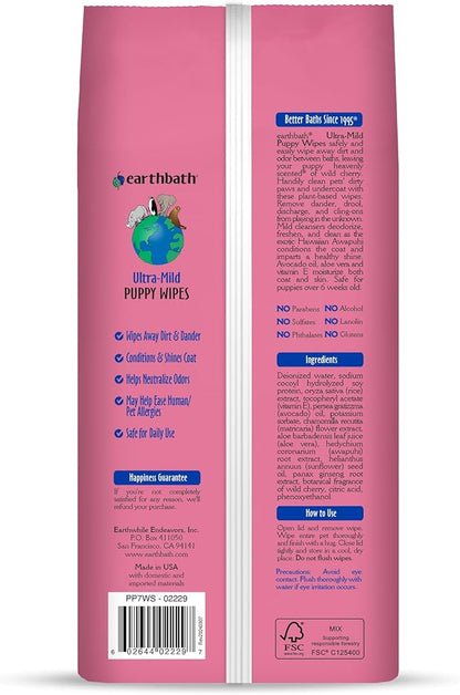 earthbath, Ultra-Mild Wild Cherry Puppy Wipes - Dog Wipes for Paws and Butt, Best Pet Wipes for Dogs & Puppies, Made in USA, Cruelty-Free Dog Cleaning Wipes - 100 Count (1 Pack)
