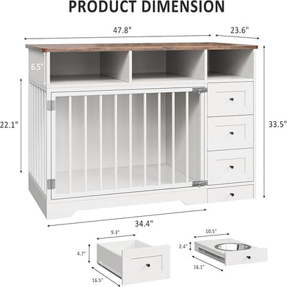 Dog Crate Furniture for Small Dogs, Wooden Dog Kennel Indoor with Storage Shelves, 3 Drawers & Hidden Bowl, Modern Pet Cage Side End Table, up to 120 lb, 48" L, Steel Lock, White