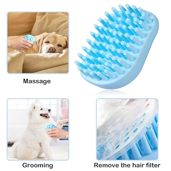ELEGX Pet Grooming Bath Massage Brush with Soap and Shampoo Dispenser Soft Silicone Bristle for Long Short Haired Dogs Cats Shower (2 Massage Brush + Pink)